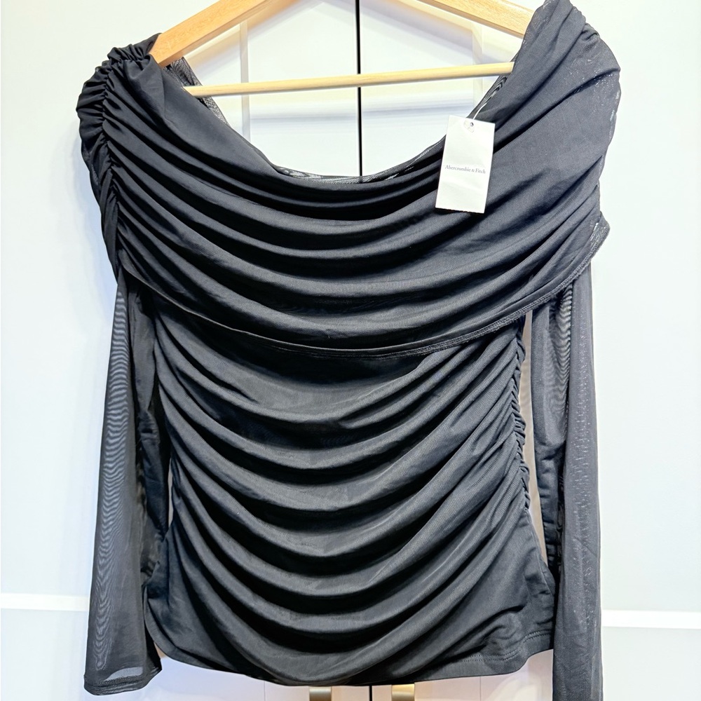 Abercrombie & Fitch Long-Sleeve Mesh Off-The-Shoulder Black Color Women's Top